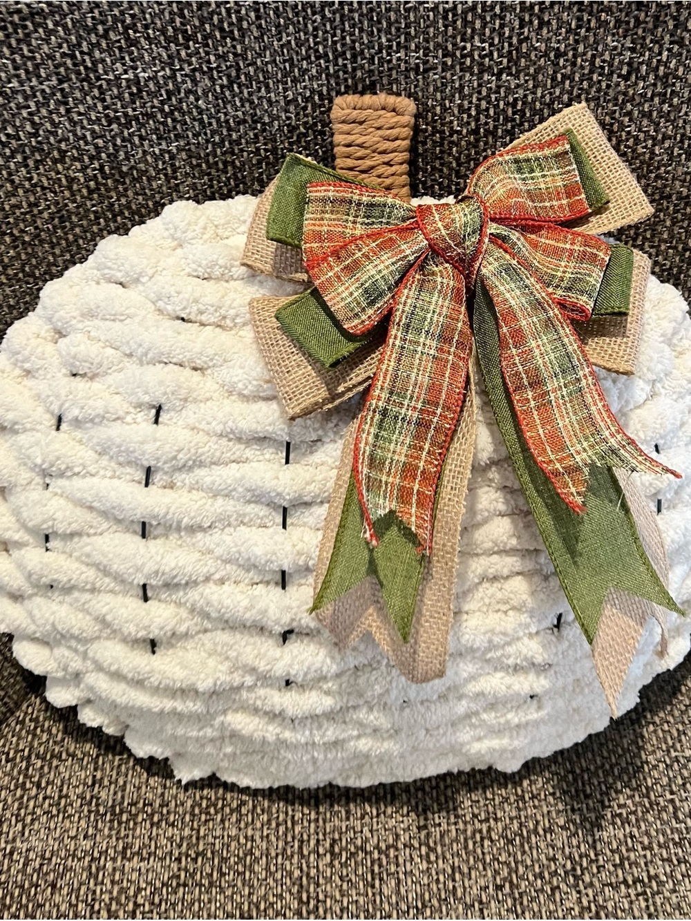 Handmade Ivory Yarn Pumpkin Fall Decor with Plaid Bow